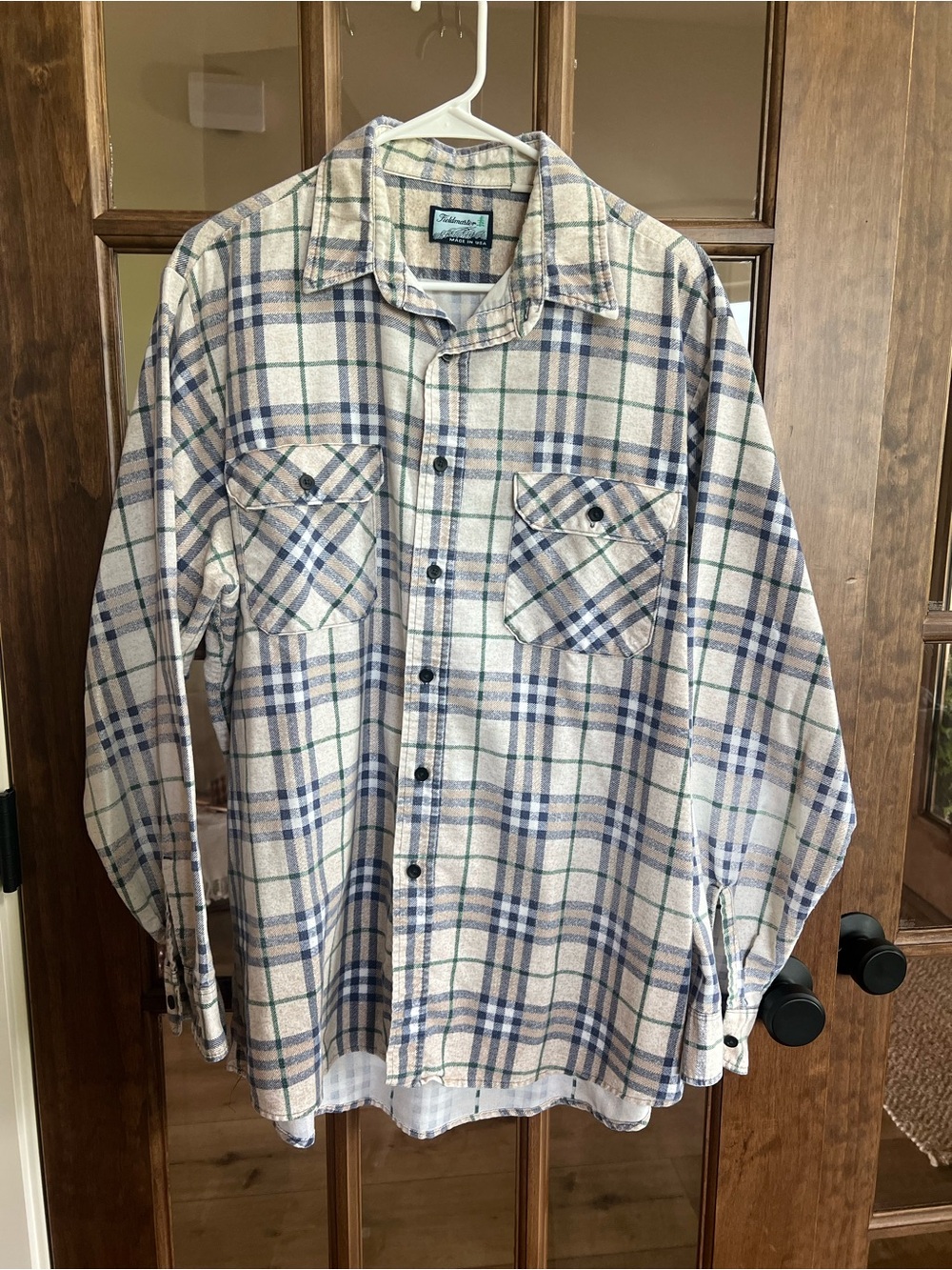 Men's Vintage Fieldmaster Plaid Button-Up Shirt in Cream, Green, and Blue
